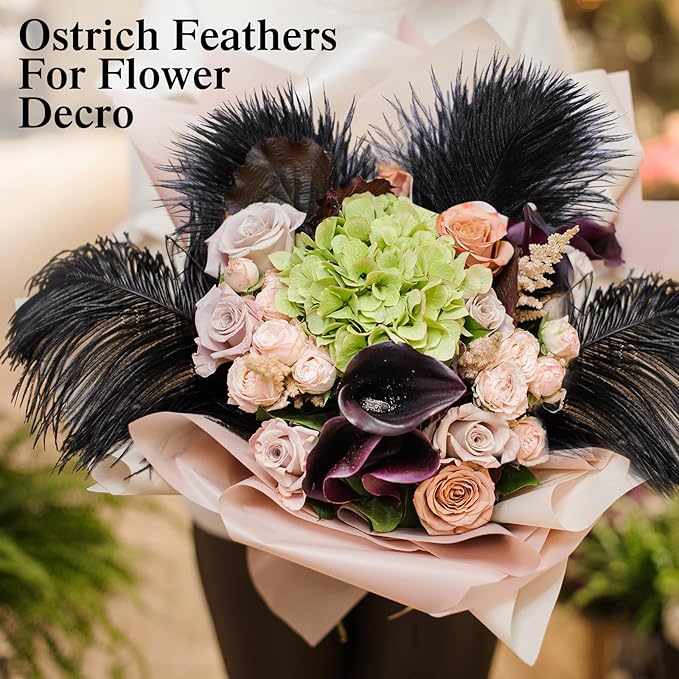 Crowye 60 Pcs Ostrich Feathers Bulk for Centerpieces Craft Ostrich Feathers for Vase Wedding Masquerade Party Home Costume Decorations (10-12 Inch,Black)