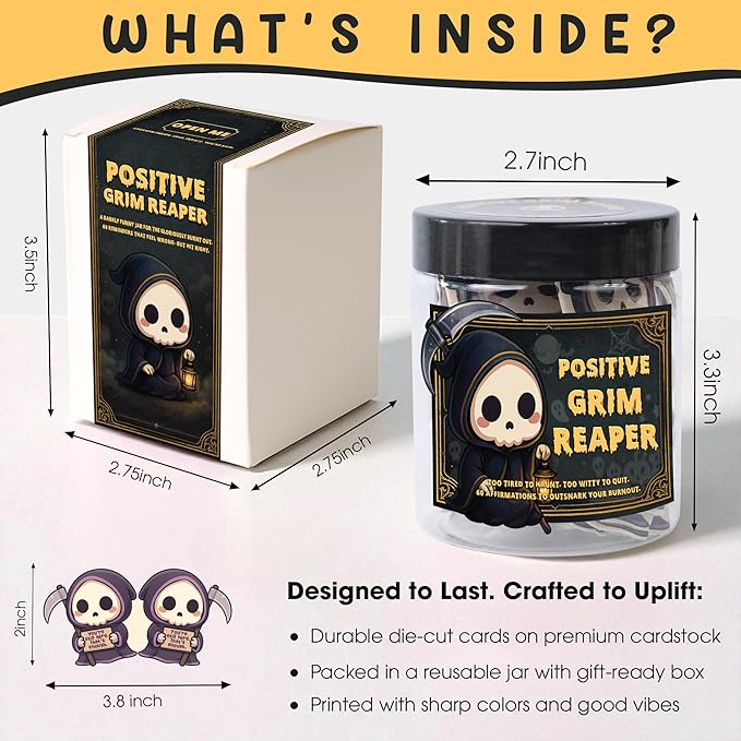Emotional Support Grim Reaper – Positive Grim Reaper Jar, Dark Humor Spooky Gifts, Halloween Basket Stuffers for Adults Women Men & Funny Halloween Gifts for Adults, Coworkers, Boo Basket Stuffers