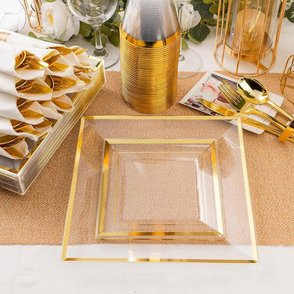 Goodluck 352-Piece Clear Plastic Dinnerware Set for 50 Guests, Includes: 100 Clear Square Plates with Gold Trim, 50 Rolled Napkins, 50 Cups, 50 Cutlery Set and 2 Tablecloths