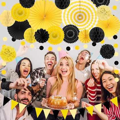 Black and Yellow Party Decorations, 23Pcs Hanging Paper Fans Birthday Decorations with Black Pom Poms Flowers for Boy Birthday, Bridal Shower, Baby Showers, Wedding