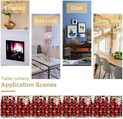 Christmas Table Runner,Red Black Plaid Xmas Snowflakes Deer Trees Print Tablecloth Burlap for Hotel Indoors Outdoor Dining Room Kitchen Home Decor,W13X L108 in