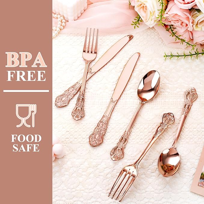 40PCS Rose Gold Plastic Silverware - Heavy Duty Elegant Disposable Utensils - Rose Gold Plastic Cutlery set Includes 20Forks, 10Spoons, 10Knives for Dinner, Parties, Weddings