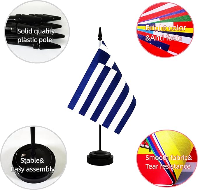 2 Pack Greece Desk Flag, Greek Table Office Flag with Solid Pole and Stand Base, International Country Flag, Festival Celebration, Classroom Meeting Desktop Decoration (Greece)