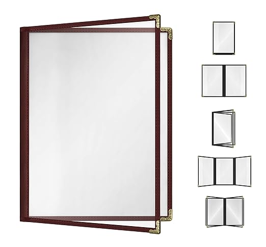 Goodsmart Restaurant Menu Covers - 25 Pack Burgundy 8.5" x 11", 2-Page/4-View, Side-Loading Vinyl Menu Holders, Clear Sleeves, Double-Stitched Edge, Leather-Style Café Menu Covers with Gold Corners