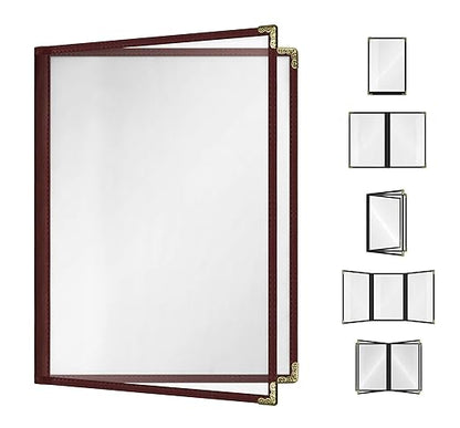 Goodsmart Restaurant Menu Covers - 25 Pack Burgundy 8.5" x 11", 2-Page/4-View, Side-Loading Vinyl Menu Holders, Clear Sleeves, Double-Stitched Edge, Leather-Style Café Menu Covers with Gold Corners