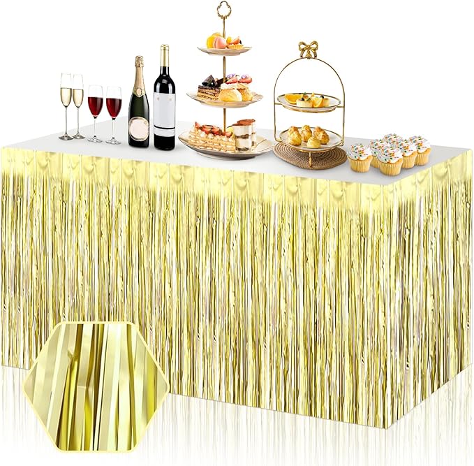 3 Pack 29x108 Inch Light Gold Foil Fringe Table Skirts Metallic Banner for Tinsel Streamer Garland Backdrop for Parade Floats Wedding Thanksgiving Birthday Christmas Halloween Party Decoration