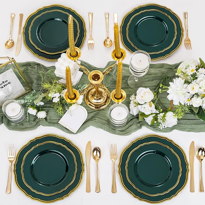 Hioasis 60pcs Green Plastic Plates - Green and Gold Disposable Dinnerware with Gold Rim, Heavy-duty, 7.5 inch, Dessert Plates for Party & Wedding