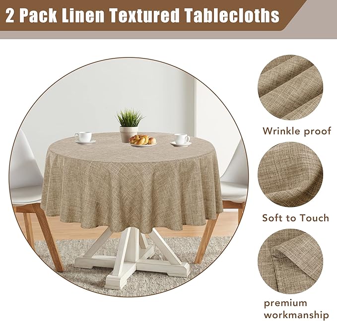 Fitable Faux Linen Round Tablecloths 60 Inch in Diameter - 2 Pack Faux Burlap Table Clothes for Kitchen, Dining Room, Party, Farmhouse, Outdoor (Great for 20"-48" Round Tables, Khaki)