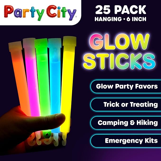 Party City Multicolor Glow Sticks Bulk Pack 6”- 25pk Glow in the Dark Sticks for Kids, Waterproof Camping Survival Ultra Bright Emergency Light Stick with String, Neon Glowsticks Party Supplies Favors