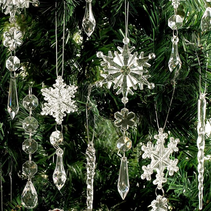 40pcs Christmas Ornaments Set for Tree Decorations- Hanging Acrylic Crystal Snowflake Christmas Decorations Icicle Drop Ornaments for Winter Christmas Tree New Year Party Supplies