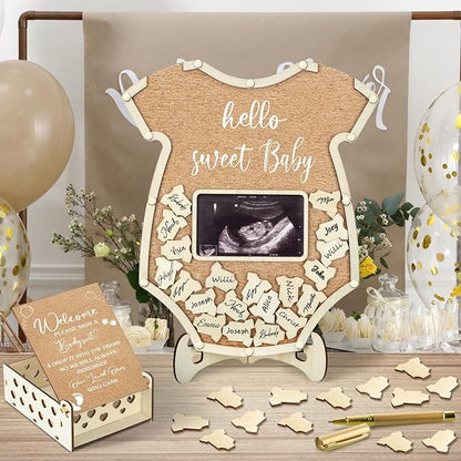 Wenqik 63 Pcs Bodysuit Baby Shower Guest Book Alternatives Set Baby Shower Decorations with Photo Frame Sonogram Frame Keepsake 60 Wood Slices Guest Book for Birthday