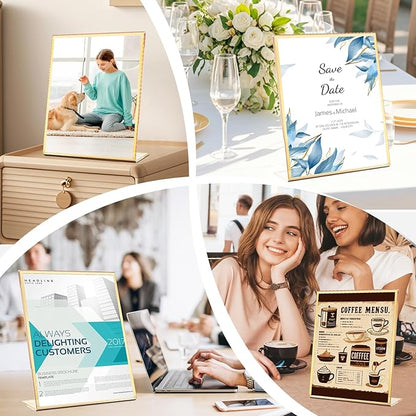 Acrylic Gold Frames 5 x7, Slanted Back Gold Picture Frames Table Acrylic Sign Holder for Photos Wedding Table Numbers and Art Display with Removable Clear Sticky Dots,3 Pack