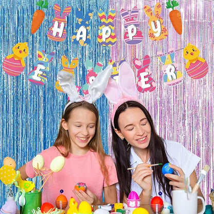 BRAVESHINE Pink Blue Tinsel Foil Fringe Curtains - 2Pcs 3.2x8.2ft Holidays Photo Streamers Backdrop for Easter Girl or Boy Birthdays Bridal Shower Party Supplies Decorations