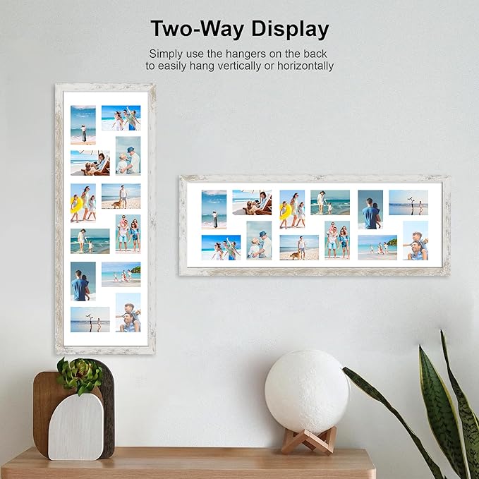 12x36 Picture Frame 2 Packs, Real Glass and Distressed White Wood Frame, Display Collage Pictures Twelve 4x6 With Mat or Pennant 12 x 36 Without Mat - Horizontal or Vertical Wall Mounting