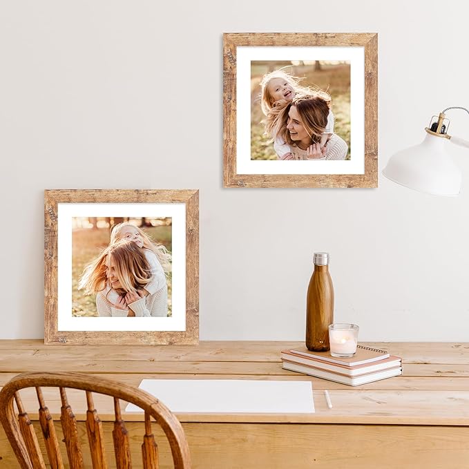 10x10 Picture Frame Set of 4 with Real Glass, Rustic Brown Frames Display 8x8 Picture with Mat or 10 x 10 Without Mat, Wooden Square Photo Frame for Wall Mount and Tabletop Display