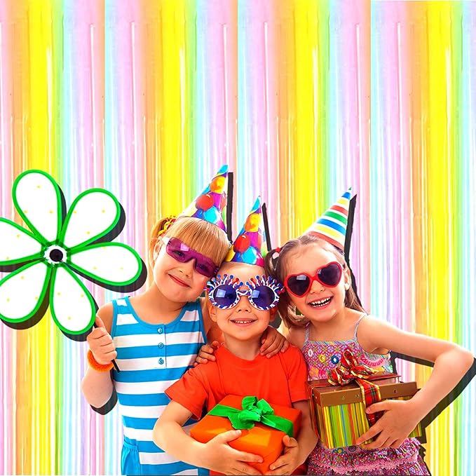 4 Pack Macaron Rainbow Foil Fringe Curtain Backdrop, 3.28Ftx8.2Ft Colorful Foil Fringe Streamers Curtains for Party, Photo Booth Props, Birthday, 2022 Graduation Decoration Supplies