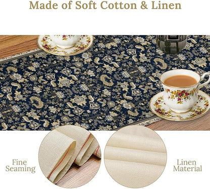 Vintage Boho Floral Table Runner, Morris Rustic Country Farmhouse Dark Blue Grey Retro Flower Pattern for Home Kitchen Table Decor Dining Coffee Room Party Decor 13x36in