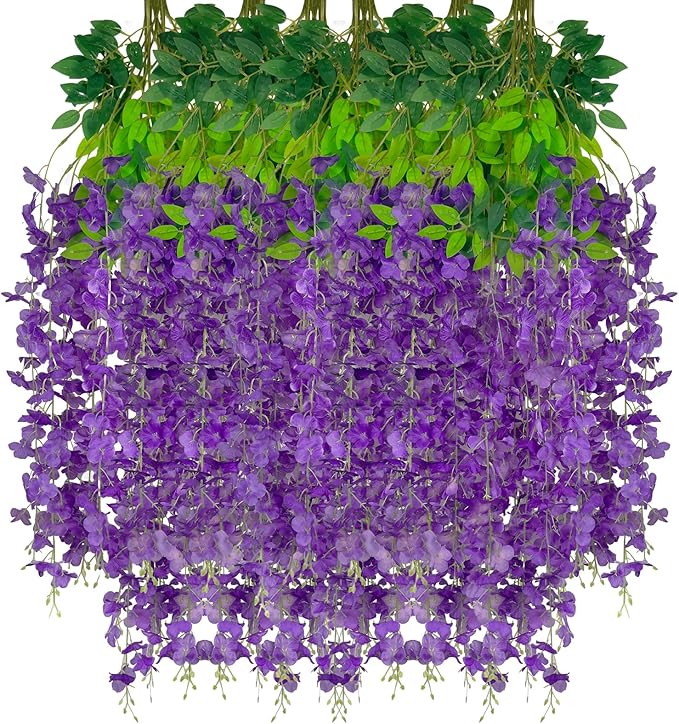 24 Pack Purple Wisteria Hanging Flowers Garland, 3.77 Feet Artificial Flower Vines, Fake Wisteria, Artificial Vines Hanging Garland for Backdrop Outdoor Yard Garden Decor
