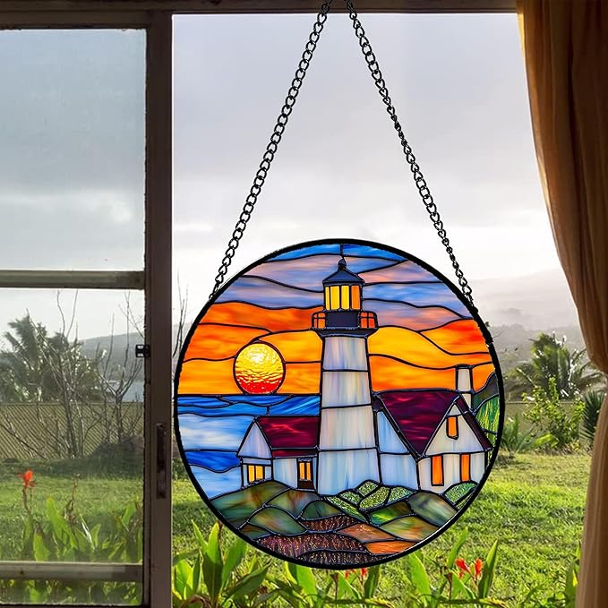 Stained Glass Window Hanging - Sea Lighthouse Suncatcher for Door Terrace Garden Home Decor Sunset Beach Scenery Sun Catcher Birthday Gifts for Lovers Women Men Dad Mom Nana 7.8 in
