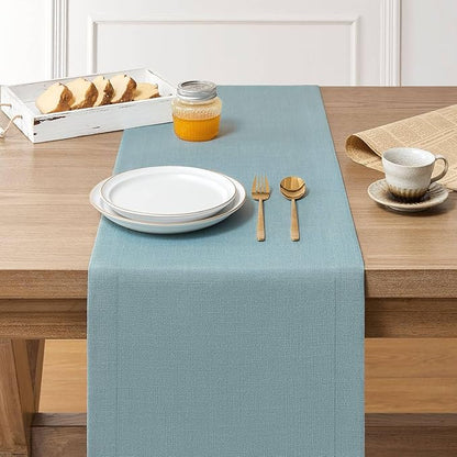 ZeeMart Linen Textured Border Table Runner, 14 x 48 Inch Blue, Farmhouse Style Dusty Blue Table Runners 48 Inches Long, Easy Care Everyday Polyester Table Runner