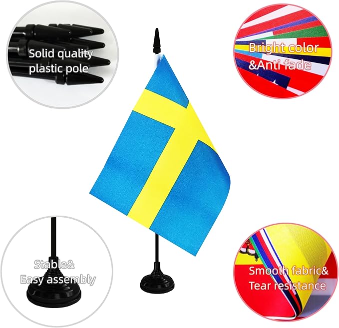 Sweden Desk Flag, 12 Pack Swedish Table Office Flag with Black Solid Pole and Stand Base, International Country Flag, Festival Celebration, Classroom Meeting Desktop Decor (Sweden)