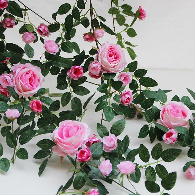 6FT Pink Flower Garland Artificial Rose Vines Hanging Floral Garland for Home Decor Wall Trellis Fence Wall Decoration (Pink, 1pcs)