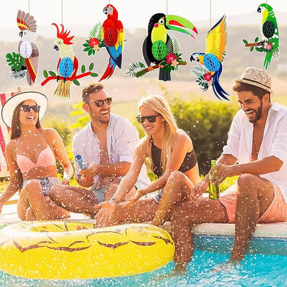 6 Pieces Tropical Birds Honeycomb Cutouts, Large Parrot Hanging Decor Parrot Honeycomb Paper Cutouts for Summer Luau Rainforest Tropical Party Decorations