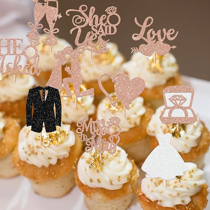 30 Pack Bride to be Cupcake Toppers Glitter Diamond Ring I Do Love Cupcake Picks Miss to Mrs He Asked She Said Yes Bridal Shower Wedding Engagement Bachelorette Cake Decoration Rose Gold