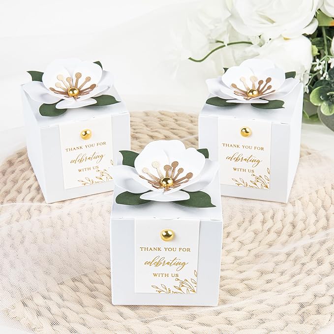 FEIYI 20 PCS Favor Boxes, 3 In 1 White Candy Boxes with Floral Decor, White Thank You Tags Gold Foil Print Gift wrapping for Wedding, Baby Shower, Birthday, Decorations Party - 2.55x2.55x2.55