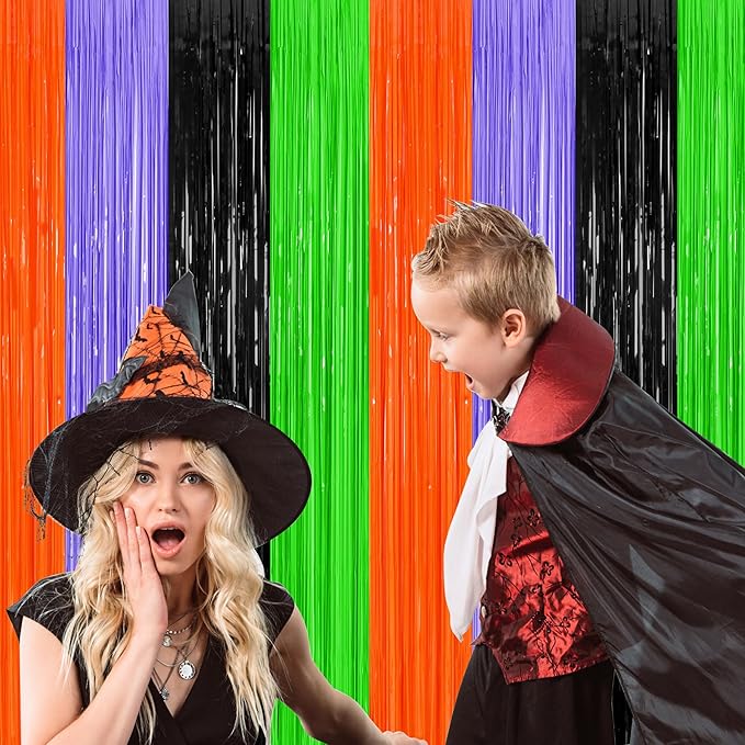 2 Pack Halloween Backdrop, 3.28 FT x 7.05 FT Orange Purple Black Green Party Streamer, Metallic Foil Curtains Tinsel Backdrop, Halloween Party Decorations Photo Props for Door Wall