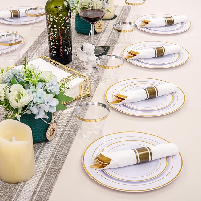 350Piece Gold Dinnerware Set for 50 Guests - Gold Plastic Plates with Disposable Cutlery Include:50Dinner Plates-50Dessert Plates-50Pre Rolled Napkins with Silverware for Thanksgiving