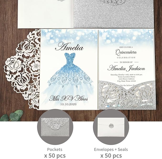 DORIS HOME 50pcs Laser Cut Quinceanera Invitation Pockets with Envelopes Silver Glitter, 5.12" x 7.12"Invitation Cards for Birthday, Miss 15, Sweet 16 (No Inserts Included)