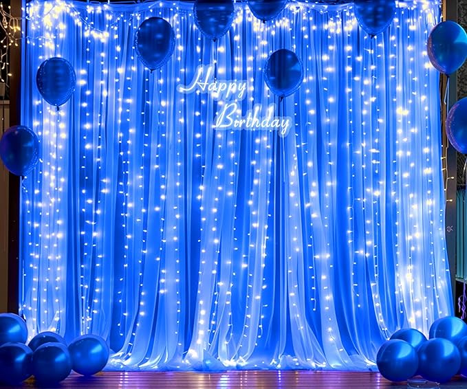 Royal Blue Backdrop Curtains with Lights String for Parites Wedding 10×8ft Sheer Tulle Backdrop Curtain for Graduation Ceremony Baby Shower Birthday Party Prom Photo Shoot Background Decorations