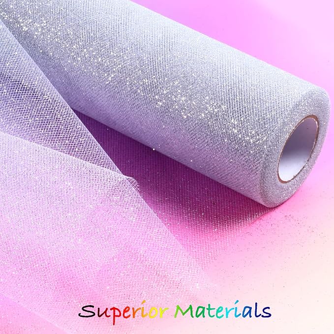 Sparkling Tulle Rolls, 15” by 30 Yards (90FT) Glitter Tulle Spool Ribbon Fabric for Wedding Birthday Bridal Shower Tutu Skirt Party Gift Wrapping (Sliver)