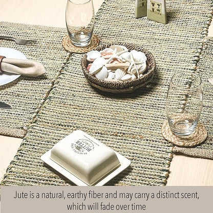 Chardin home Natural Jute Table Runner 13x48 Inch – Vintage Boho Rustic Table Decor – Handwoven Table Runner in Natural Jute and Green – Farmhouse Dining or Console Table Accent