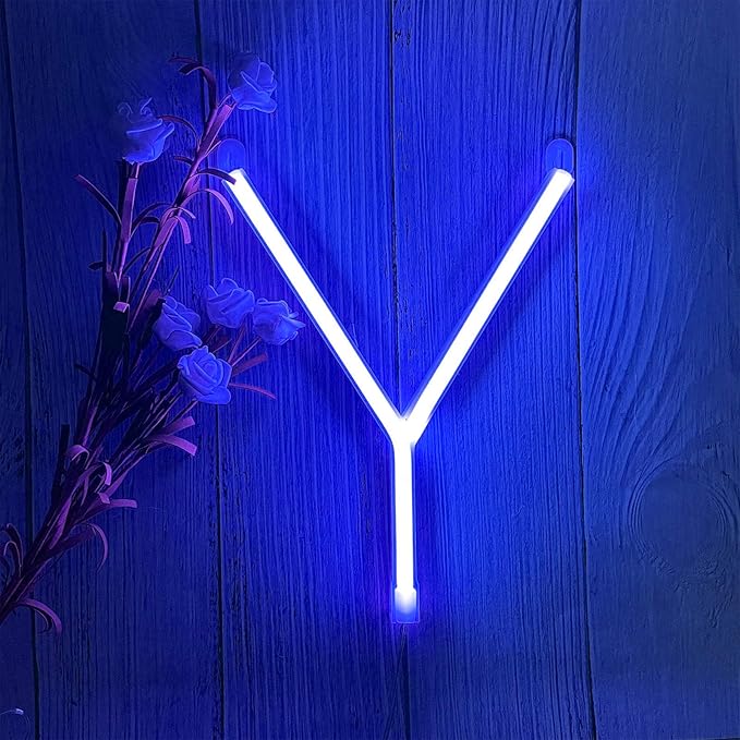 LED Blue Neon Letter Signs Night Light Battery or USB Operated LED Marquee Letters Neon Art Decorative Lights Wall Decor for Children Baby Room Christmas Wedding Party Decoration(Y)