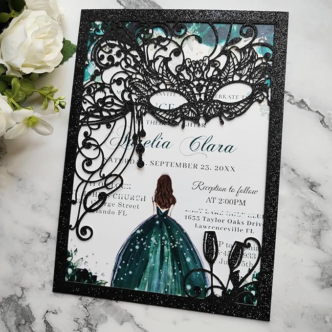 20PCS Masquerade Invitations, Quinceanera Invitations,masquerade wedding invitations,pocket invitation with envelops for xv,16 birthday,bridal shower,wedding,Anniversary,holiday party,etc.