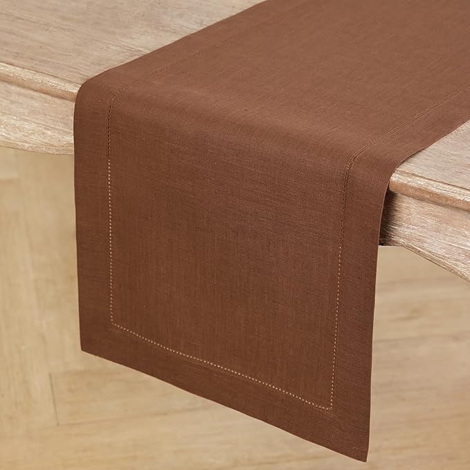 Solino Home Linen Brown Table Runner 108 Inches Long - 100% Pure Linen 14 x 108 Inch Table Runner for Fall, Autumn, Thanksgiving - Classic Hemstitch