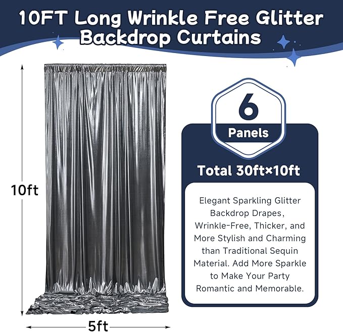 30ftx10ft Black Silver Glitter Sequin Backdrop Curtain for Parties, Wrinkle Free Sparking Backdrop Drapes, 6 Panels 5x10ft Shimmer Photo Back Drop Cloth for Wedding Birthday Photography