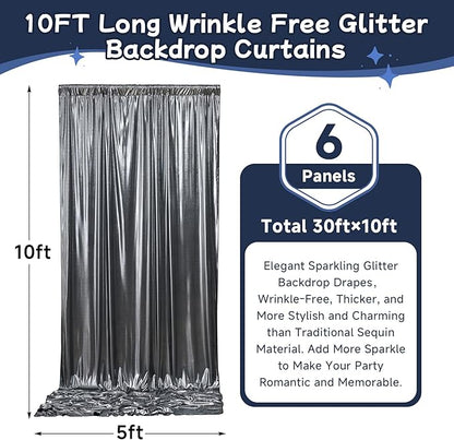 30ftx10ft Black Silver Glitter Sequin Backdrop Curtain for Parties, Wrinkle Free Sparking Backdrop Drapes, 6 Panels 5x10ft Shimmer Photo Back Drop Cloth for Wedding Birthday Photography