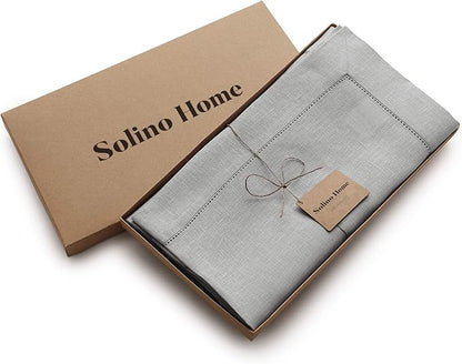 Solino Home Linen Tablecloth 60 x 108 Inch - Classic Hemstitch 100% Pure Linen Soft Grey Table Cloth for Rectangle Tables - Machine Washable Tablecloth for Fall, Autumn, Thanksgiving, Christmas