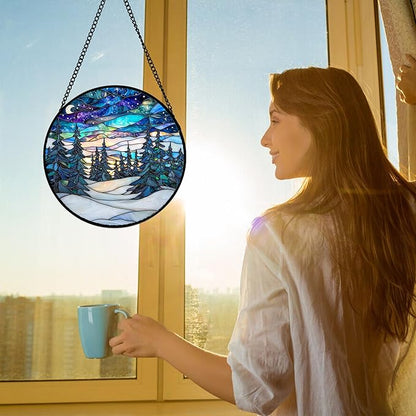 Stained Glass Window Hanging, Starry Sky Trees and Snow Sun Catchers Glass Panel Blue Suncatcher Decor for Birthday for Women, Men, Wife, Aunt, and Mom 9.8 in