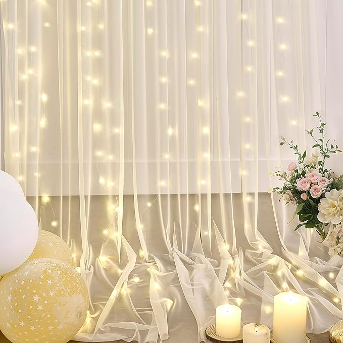 Champagne Sheer Backdrop Curtain with Lights String for Parites Wedding 20×10ft Tulle Backdrop Curtains for Bridal Shower Baby Shower Birthday Party Photo Shoot Decorations(4 Panels 5ft×10ft)