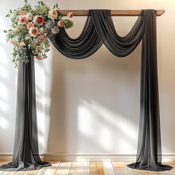 Black Wedding Arch Draping Fabric 3 Panels 30'' x 20FT Black Drapes Sheer Fabric Backdrop Arch Draping Fabrics for Wedding Ceremony Birthday Party Bridal Shower Decoration