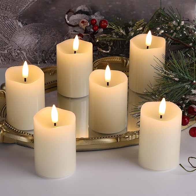 Eywamage Timer Flameless Votive Candles 2 inch x 3 inch , Flickering Small LED Pillar Candles Batteries Included, Ivory Christmas Home Decor 6 Pack with 5 hours timer