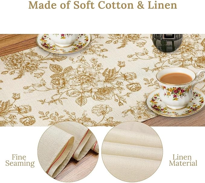 Retro Floral Table Runner, Golden White Wildfloral Sketch Print Kitchen Dinning Table Runner for Indoor Outdoor Home Wedding Party Holiday, 13x70 Inch