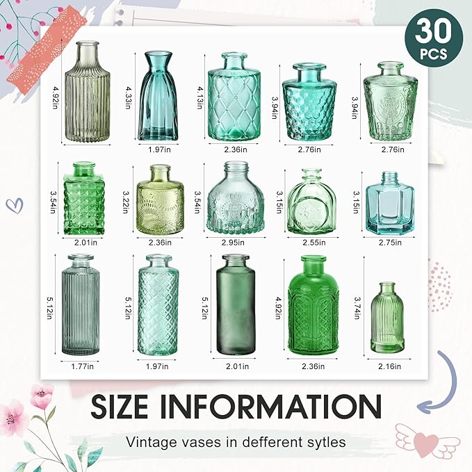 Yaomiao 30 Pcs Vases Bulk Colored Flower Glass Vases Bud Vintage Colored Glass Bottles Colorful Rustic Embossed for Home Wedding Table Decorations Gifts(Green Series)