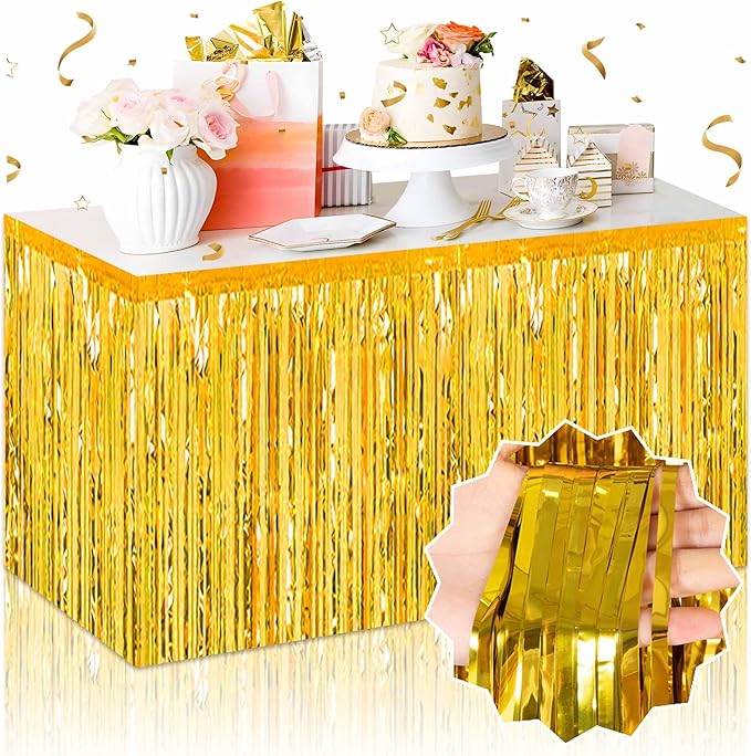 3 Pack 29 x108 Inch Gold Foil Fringe Table Skirts Metallic Banner for Tinsel Streamer Garland Backdrop for Parade Floats Mother's Day, Graduate, Birthday, Wedding Party Decoration