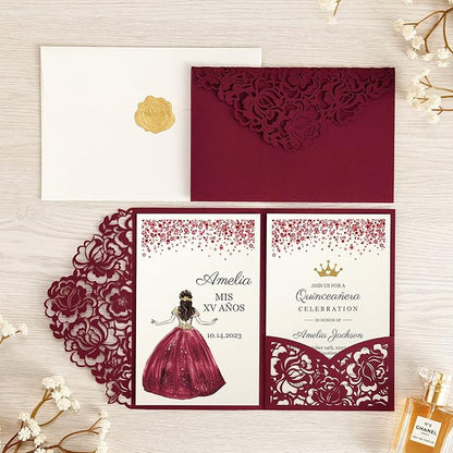 DORIS HOME 50pcs Laser Cut Quinceanera Invitations Burgundy, 4.7x7.1 Personalized Quince Invitations for 15th Birthday, Invitation cards for Sweet 16 with Envelopes