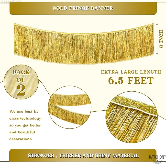 KatchOn, Pack of 2 Gold Fringe Garland - Gold Tinsel Banner for Birthday Party Decorations, Bridal Shower | Golden Foil Curtains for Golden Party Decor, Wedding, New Years Decorations